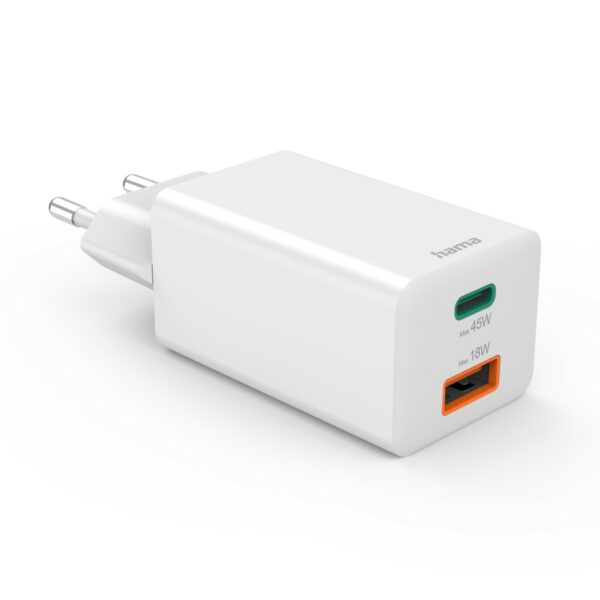 Chargeur rapide Hama , 1x USB-C, 1x USB-A, mini chargeur, PD, 45 W, blanc – Image 3